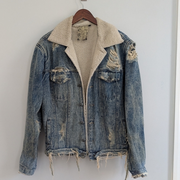 The People VS. Eddie Sherpa Destroyed Denim Jacket Medium Unisex Men's Women's - Picture 3 of 7